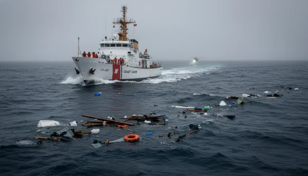 A wide-angle shot of a U.S. Coast Guard cutter patrolling a choppy ocean surface amidst floating debris, capturing the tense and somber atmosphere of a search and rescue operation.