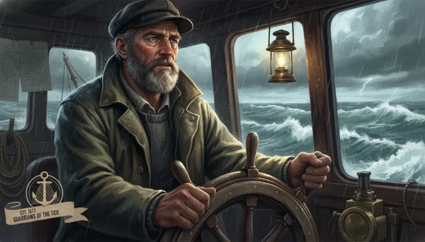 A respectful, cinematic portrait-style illustration of a rugged commercial fishing captain at the wheel of a trawler, looking out over a stormy sea, symbolizing leadership and the weight of tradition.