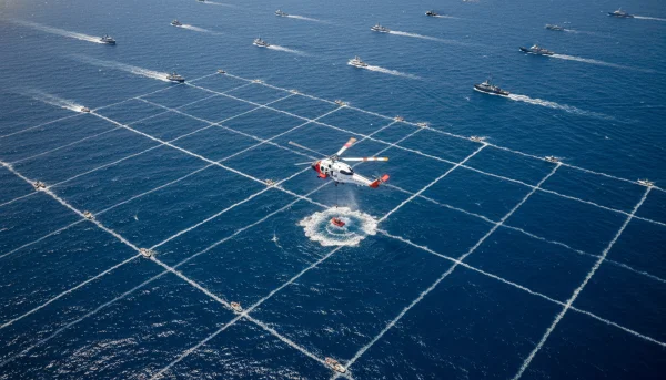 An aerial view of a search grid over the deep blue ocean, with a Coast Guard helicopter hovering low near the water surface, highlighting the scale of the search effort.
