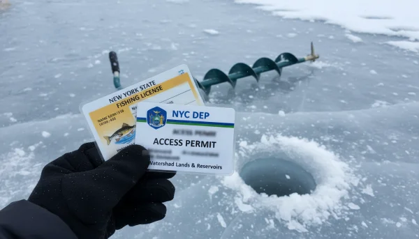 Close-up of a gloved hand holding a New York State fishing license and a NYC DEP Access Permit card against a backdrop of an ice auger and a frozen lake surface.