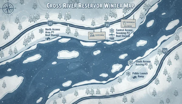 A digital map illustration of Cross River Reservoir highlighting access points along Route 35 and Route 121, with icons marking parking areas and boat storage zones, stylized with a winter theme.
