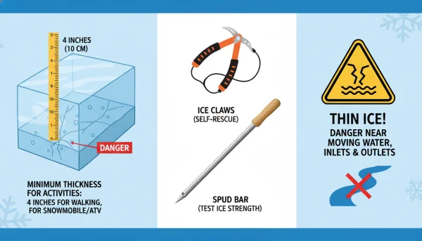 An infographic style image showing ice safety guidelines: a cross-section of ice with a ruler showing 4 inches, a pair of safety ice picks, a spud bar, and a warning sign about thin ice near moving water.