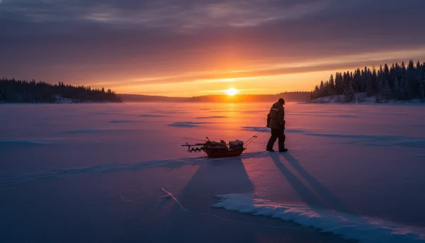 A warm and inviting sunset view over the frozen reservoir, with an angler packing up their sled and walking towards the shore, silhouetted against the orange and purple winter sky.