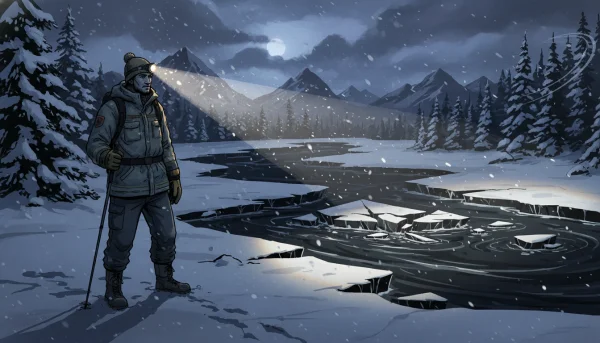 A dramatic illustration of a snowy trail at night illuminated by a flashlight beam, depicting a first responder or searcher looking out over a broken patch of ice on a dark frozen river.