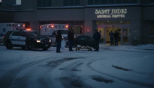 A somber image of emergency vehicle lights reflecting off the snow near a hospital entrance, symbolizing the tragic conclusion of the rescue effort.