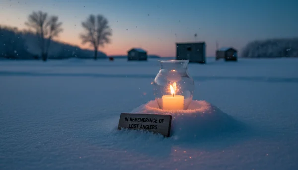A peaceful, respectful memorial scene with a single candle glowing in the snow against a twilight winter sky, representing remembrance for the lost anglers.