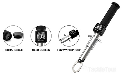 The Gomexus Digital Fish Grip features a rechargeable battery and detailed OLED screen
