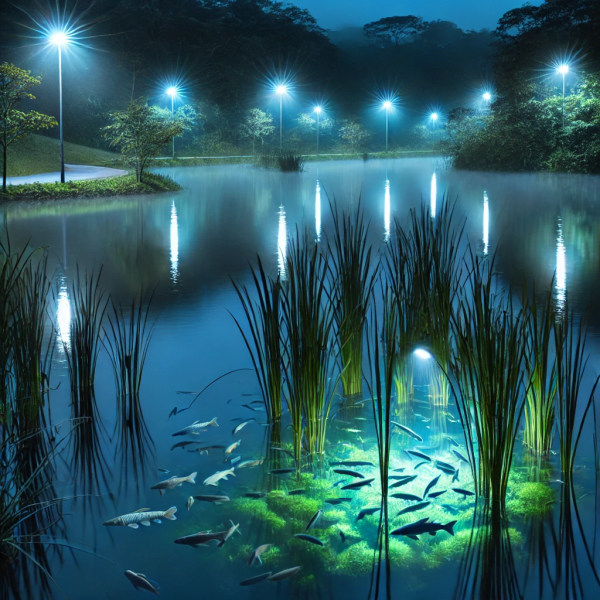 DALL·E 2024-09-27 18.31.30 - A tranquil nighttime scene near a natural lake habitat, with arti...png